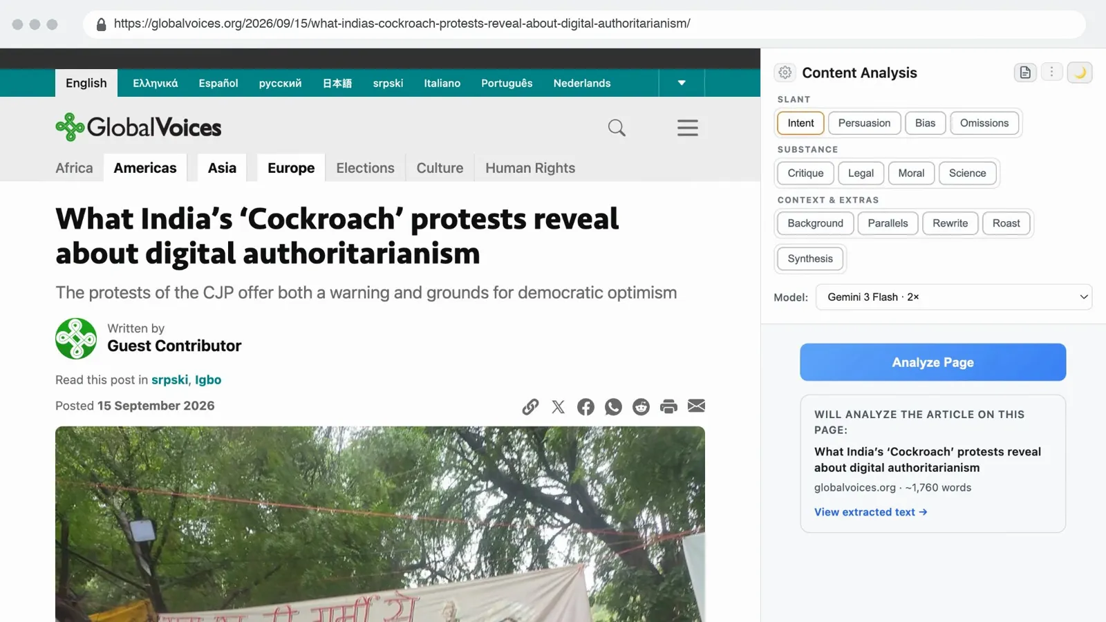 A Global Voices article in Chrome with the side panel open beside it, naming the article it will analyse and its length