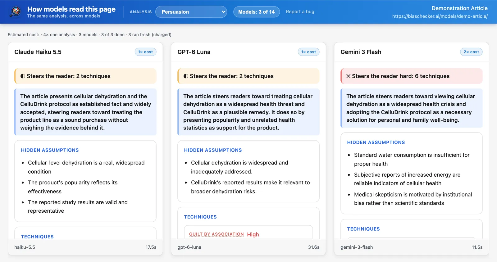 The Compare screen: the same Persuasion analysis by Claude Haiku 5.5, GPT-6 Luna and Gemini 3 Flash in three columns