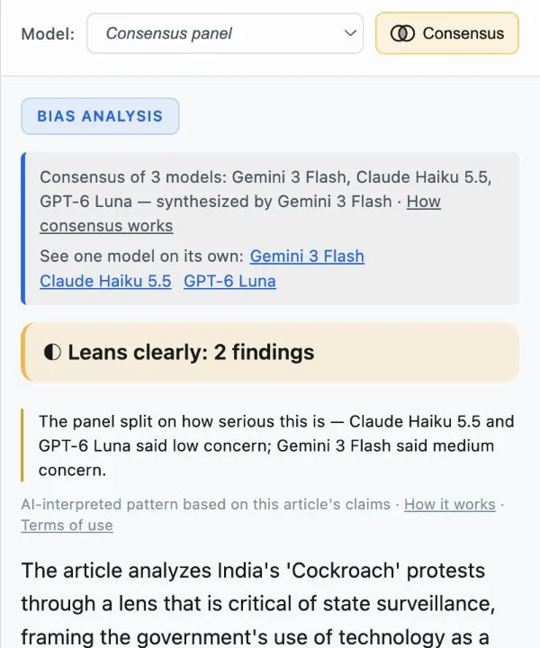 A Consensus Bias result naming the three models it merged, its verdict "Leans clearly: 2 findings", and where the models differed on how serious it is