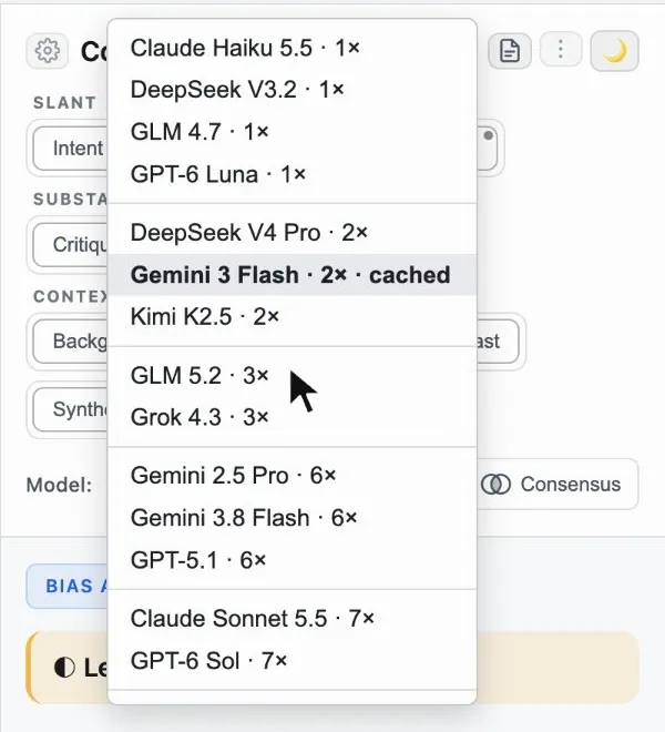 The model picker open in the side panel, listing models from several makers, each with its cost multiplier