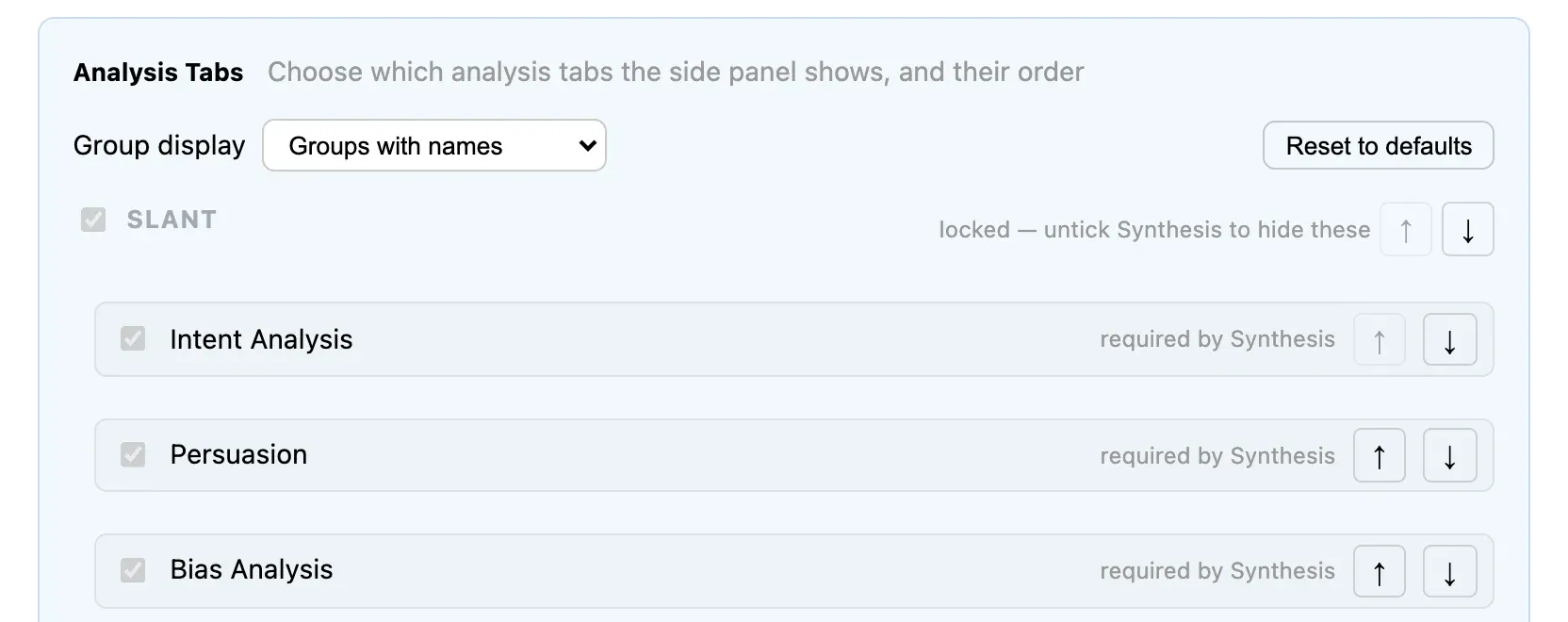 The Options page: the Slant group of analysis tabs with their order controls