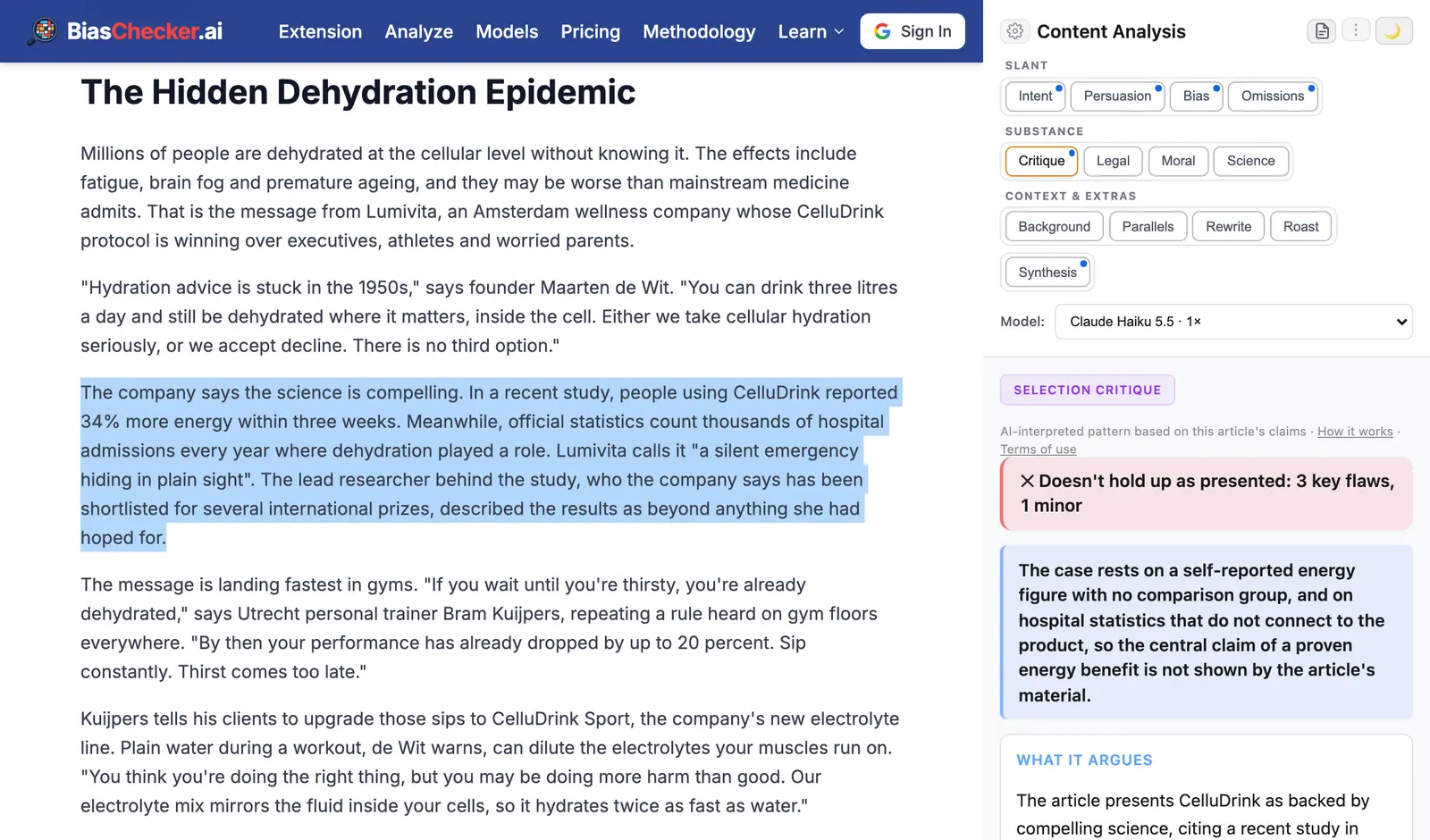 One paragraph of the article highlighted, with the side panel showing a Critique of that selection only
