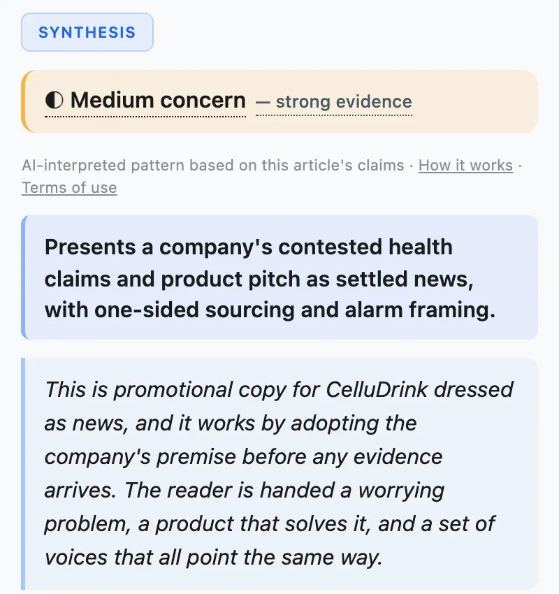 The Synthesis tab: a "Medium concern" verdict, the one-line summary and the opening of the analyst's report