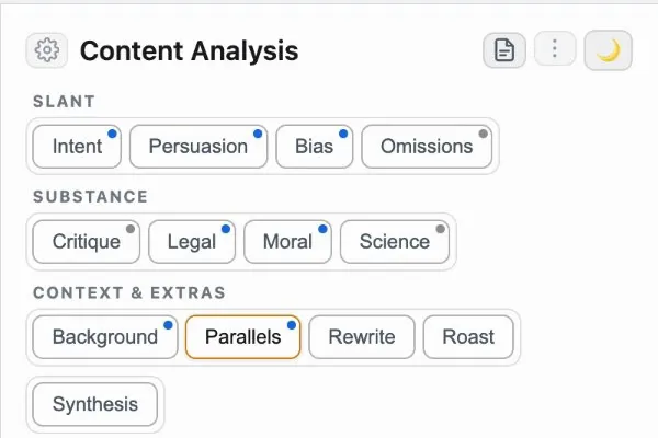The side panel's thirteen analysis tabs in three groups, Slant, Substance and Context & Extras, with a dot on each tab that has run