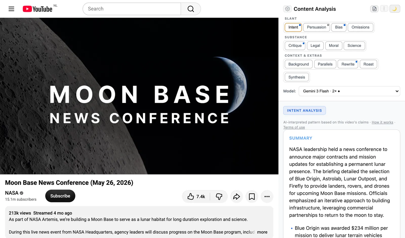 A NASA news conference on YouTube with the side panel showing an Intent analysis of what is said in the video